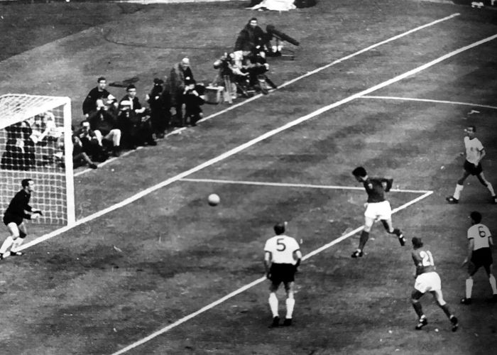 Geoff Hurst heads ball into net, 1966